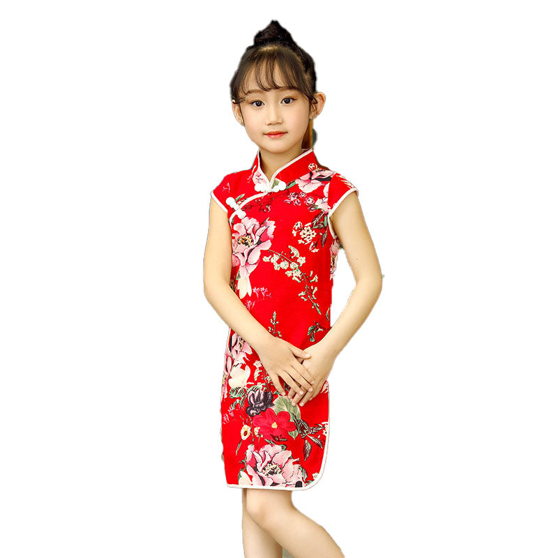 kids stand collar no sleeves Cheongsam in cotton