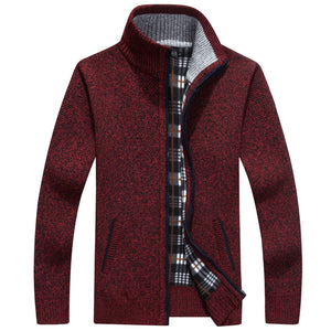 Men's warm long sleeve stand collar full zip cardigan knitted casual pullover jacket coat