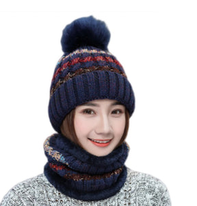 2PCS Women Winter  knitted hats +scarf set  warm Fleece Lining Ski pompom Caps