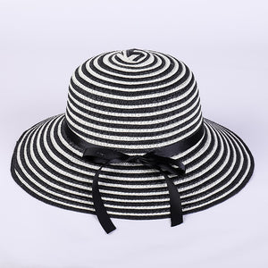 Women's summer wide brim striped hats, Straw Roll up  Fedora beach sun caps