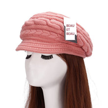 Load image into Gallery viewer, Women&#39;s winter solid visor chunky cable knit caps  warm ear protection fleece lined hat
