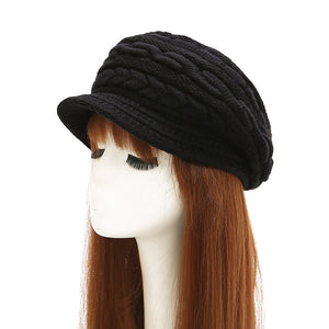 Women's winter solid visor chunky cable knit caps  warm ear protection fleece lined hat