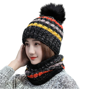 2PCS Women Winter  knitted hats +scarf set  warm Fleece Lining Ski pompom Caps