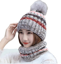 Load image into Gallery viewer, 2PCS Women Winter  knitted hats +scarf set  warm Fleece Lining Ski pompom Caps
