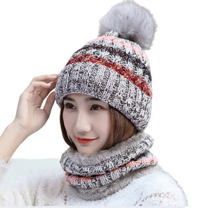 2PCS Women Winter  knitted hats +scarf set  warm Fleece Lining Ski pompom Caps