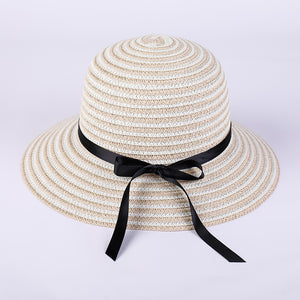 Women's summer wide brim striped hats, Straw Roll up  Fedora beach sun caps