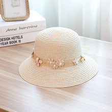 Load image into Gallery viewer, Women&#39;s  summer floral pearls  Straw Panama bucket Hat  Beach Sun caps
