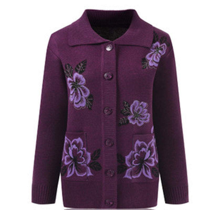 Women's long sleeve lapel open front button  down Cardigan, knitted floral Sweater with pockets