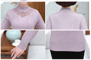 Women's lightweight long sleeve mock-neck sweaters, knitted  Pullover with hollow-carved design