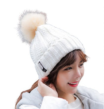 Load image into Gallery viewer, Women’s solid colors knitted beanie Hats fleece Lining caps with fur pompom
