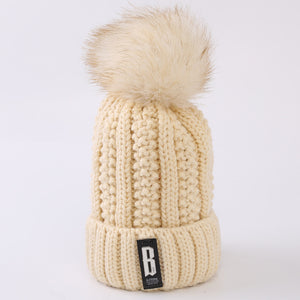 Women’s solid colors knitted beanie Hats fleece Lining caps with fur pompom