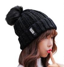 Load image into Gallery viewer, Women’s solid colors knitted beanie Hats fleece Lining caps with fur pompom
