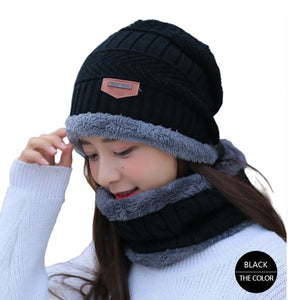 Unisex 2PCS  Winter solid Beanie Hat + Scarf Set Warm Fleece Lined  Knit Ski Cap