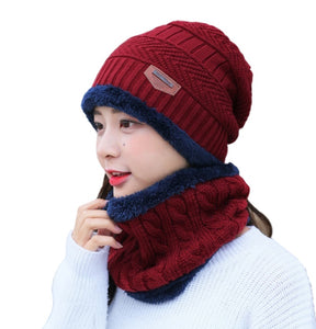 Unisex 2PCS  Winter solid Beanie Hat + Scarf Set Warm Fleece Lined  Knit Ski Cap