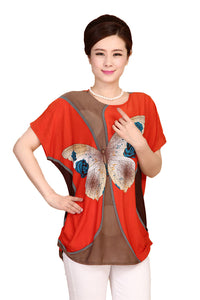 Women's Casual Scoop neck Batwing Sleeve Tunic Tops Loose Comfort Butterfly pattern Blouse