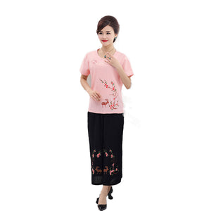 Women's two PCSES Crewneck short sleeve loose fit floral print suits in Cotton & Linen