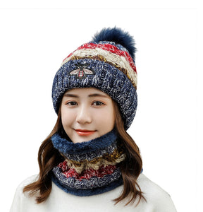 2PCS Women Winter Knit butterfly Beanie Hat Scarf Set  Ski caps with Pompom