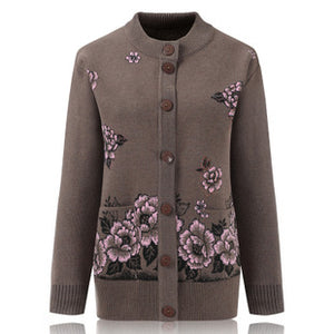 Women's long sleeve crewneck open front button down floral Cardigan, knitted Sweater jacket coat with pocket