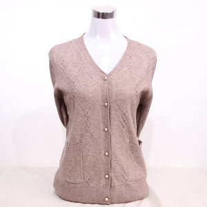 Women's solid  long sleeve V-neck open front button down cable cardigan knitted lightweight casual  sweater with pockets