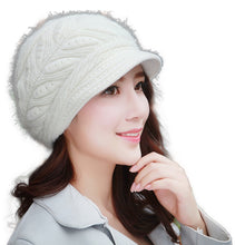 Load image into Gallery viewer, Women&#39;s solid visor  chunky knit Warm fleece lined Hats rabbit fur Snow Ski Caps
