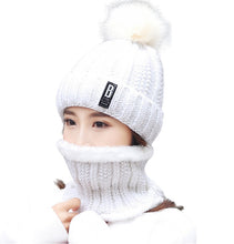 Load image into Gallery viewer, Women&#39;s  2PCS  solid knitted Beanie Hat+ scarf set Warm Fleece Lined Soft Ski  pompom Cap
