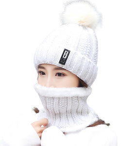 Women's  2PCS  solid knitted Beanie Hat+ scarf set Warm Fleece Lined Soft Ski  pompom Cap