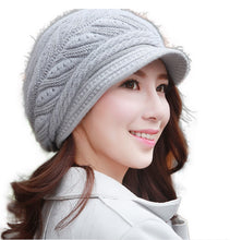 Load image into Gallery viewer, Women&#39;s solid visor  chunky knit Warm fleece lined Hats rabbit fur Snow Ski Caps
