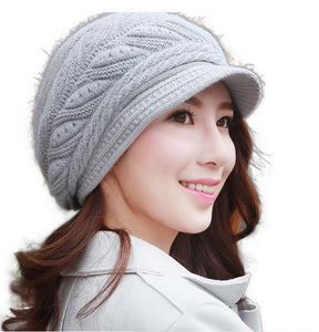 Women's solid visor  chunky knit Warm fleece lined Hats rabbit fur Snow Ski Caps