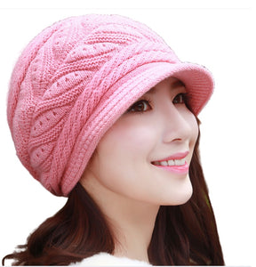 Women's solid visor  chunky knit Warm fleece lined Hats rabbit fur Snow Ski Caps