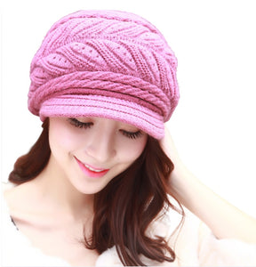 Women's solid visor  chunky knit Warm fleece lined Hats rabbit fur Snow Ski Caps