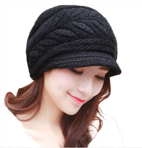 Women's solid visor  chunky knit Warm fleece lined Hats rabbit fur Snow Ski Caps