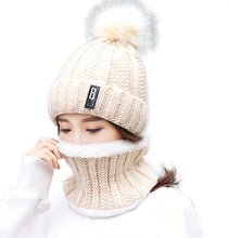 Load image into Gallery viewer, Women&#39;s  2PCS  solid knitted Beanie Hat+ scarf set Warm Fleece Lined Soft Ski  pompom Cap
