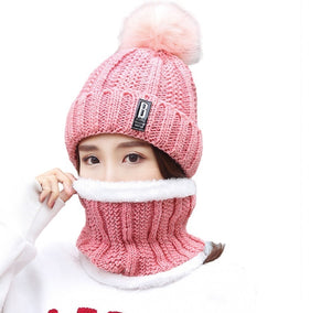 Women's  2PCS  solid knitted Beanie Hat+ scarf set Warm Fleece Lined Soft Ski  pompom Cap