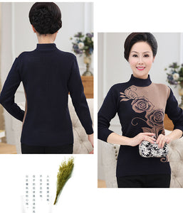 Women's  mock neck  Rose pattern sweater knitted casual slim pullover