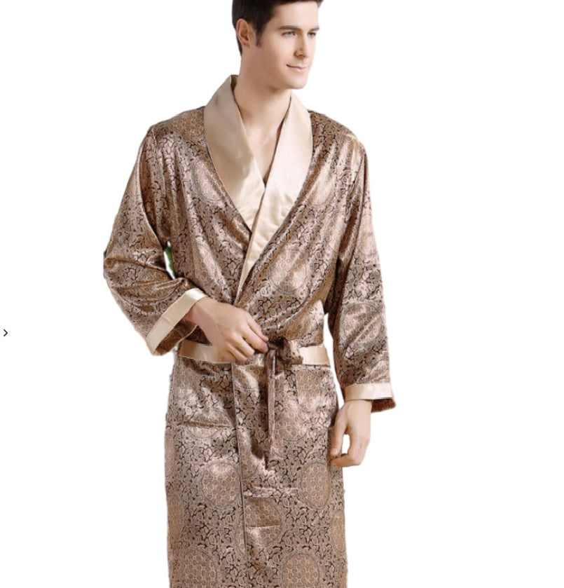 Men's Robe Nightgown Satin Kimono Bathrobe Gown Casual Sleepwear Plus Size Print Gold Home Dressing Gown