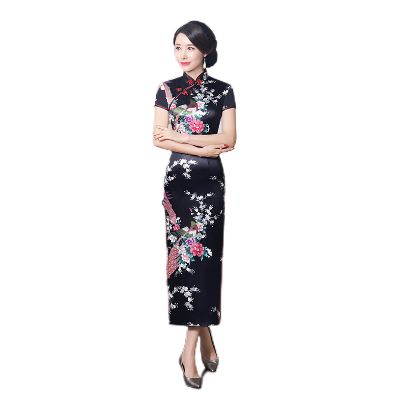 Women summer stand collar short sleeve classic peacock pattern long cheongsam chinses dress