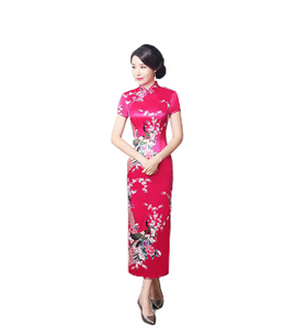 Women summer stand collar short sleeve classic peacock pattern long cheongsam chinses dress