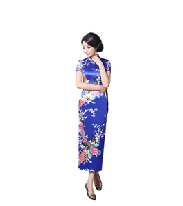 Women summer stand collar short sleeve classic peacock pattern long cheongsam chinses dress