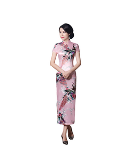 Women summer stand collar short sleeve classic peacock pattern long cheongsam chinses dress