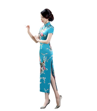 Load image into Gallery viewer, Women summer stand collar short sleeve classic peacock pattern long cheongsam chinses dress
