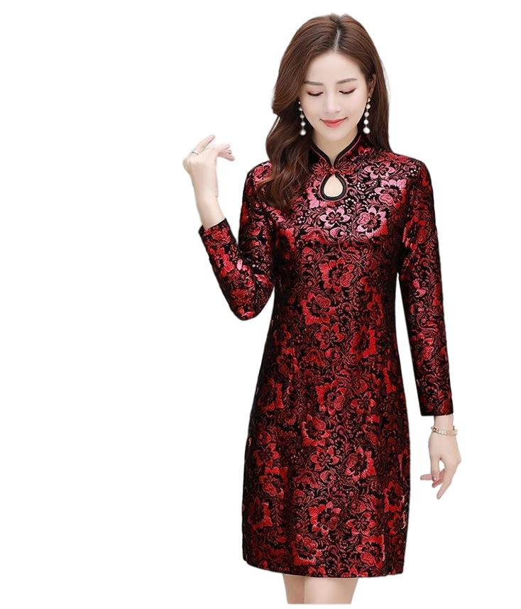 Women's stand collar long sleeve short  Cheongsam in Burnt velvet