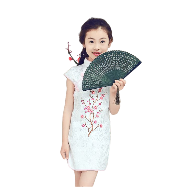 Kids stand collar elegant embroidery short sleeve Cheongsam in Jacquard fabric