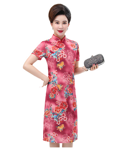 Flower stand collar short sleeve long cheongsam dresses