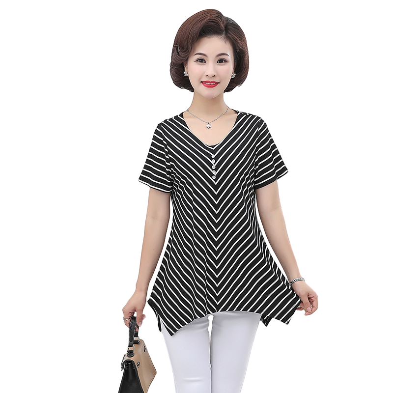 Women's summer crewneck short sleeve irregular hem strip blouses