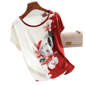 Women's Crewneck  Short Sleeve Tunic Tops summer floral print Casual Blouse