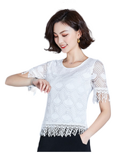 Load image into Gallery viewer, Women&#39;s scoop neck short sleeve solid colors lace sexy tops summer blouses with Fringe
