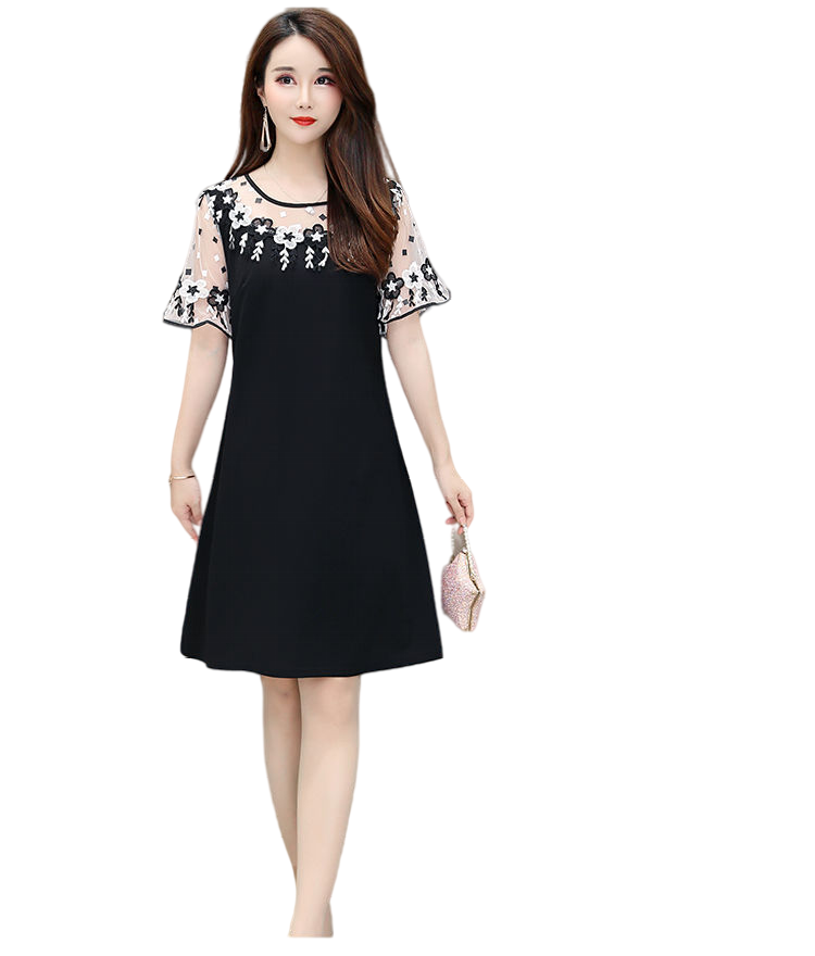 Women's Scoop neck short sleeve black & white  lace loose fit dress Wedding Bridal Flowy Dresses