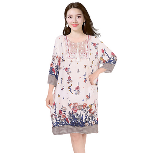 Nouveau style ethnique, robe grande taille, robe mi-longue à manches mi-longues, Robe en coton et lin 