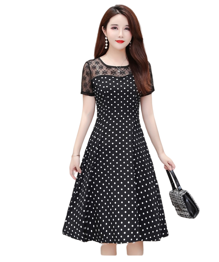 Women‘s  Vintage scoop neck lace short sleeve waist polka dot A-shaped dress