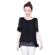 Load image into Gallery viewer, Crewneck elbow sleeves solid color pleated irregular hem chiffon tops causal blouses
